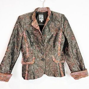 ZELDA BROWN ORANGE EMBROIDERED SATEEN FABRIC RHINESTONE BUTTON JACKET SZ 4